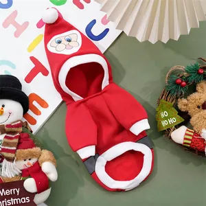 Festive Santa Claus themed red hooded pet sweater for dogs and cats in cozy Christmas setting