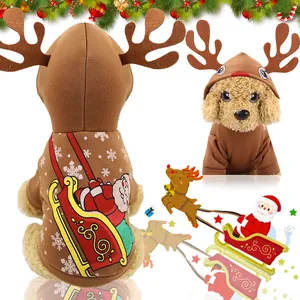 Detailed view of brown Christmas dog hoodie with reindeer antlers and Santa sleigh print.