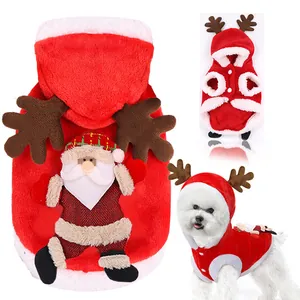 Close-up of festive Christmas pet hoodie with Santa Claus applique and reindeer antlers