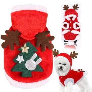 Festive red Christmas dog hoodie featuring reindeer antlers and a holiday tree patch detail