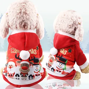 Detailed back view of red Christmas pet hoodies with festive Santa and reindeer prints