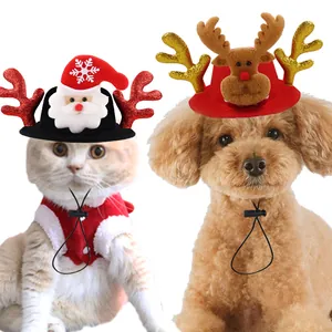 Close-up of cat and dog wearing festive Christmas Santa and reindeer hats
