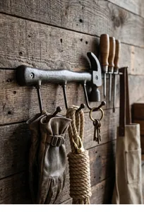 Close-up of rustic hammer-shaped cast iron wall hook with vintage workshop tools