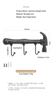 Cast iron hammer wall hook with detailed measurements and installation accessories
