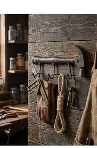 Close-up of rustic cast iron hammer-shaped wall hook mounted on aged wooden wall