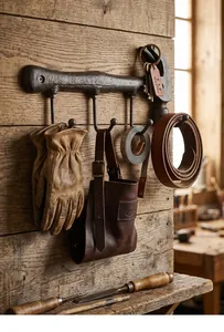Detail view of an antique hammer-shaped cast iron wall hook mounted on a rustic wood wall