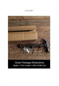 Detailed view of packaging and dimensions for the rustic cast iron hammer wall hook