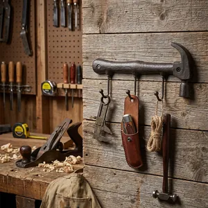 Rustic cast iron hammer shaped wall hook rack for industrial workshop home decor