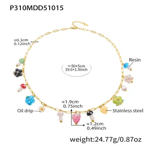 Detailed view of stainless steel charm necklace with measurements and material specs