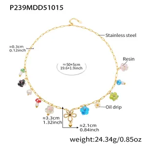 Detailed view of stainless steel necklace with resin charms and dimensions