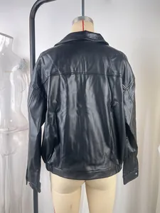 Back view of a black vintage faux leather biker jacket for a loose fit style