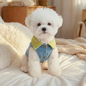 Joli chien blanc portant une veste en jean bleue avec col en velours jaune sur lit blanc.