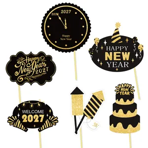 Variety of 2027 New Year party photo booth props in elegant black and gold glitter