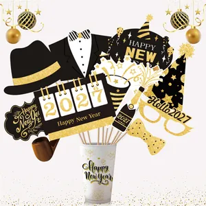 2027 New Year party photo booth props set with glitter gold and black designs