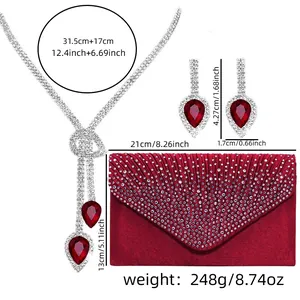 Detaillierte Größenangaben für die rote Abendtasche aus Satin mit Strass und das Schmuckset