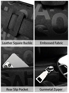 Close-up details of black embossed leather tote bag with square buckle and gunmetal zipper.