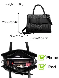 Large capacity black embossed tote bag with product dimensions and interior storage view