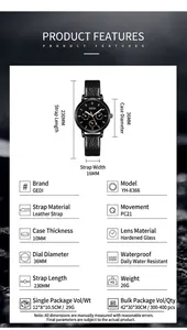 Tableau des spécifications détaillé de la montre à quartz GEDI pour femme avec bracelet cuir.