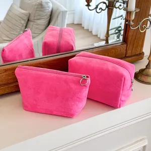 Set di borse per cosmetici professionali in spugna rosa vibrante per viaggi e trucco