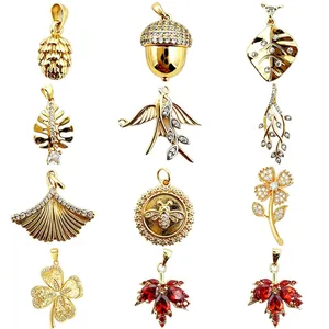 18K gold plated zircon maple leaf and flower charms for DIY necklace and bracelets