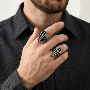 Vintage Punk Gothic Coffin Mummy Titanium Steel Ring For Men Retro Skull Embossed Biker Band Ring Halloween Jewelry Gift