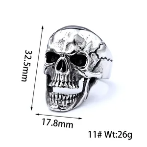 Detailed visual of a stainless steel skull ring with 32.5mm height and 26g weight