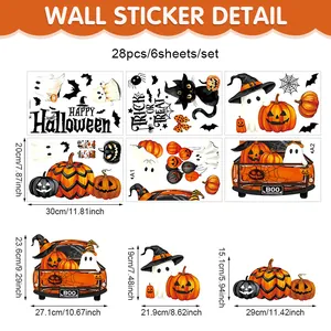 Gedetailleerde maattabel voor 28-delige Halloween raamstickers pompoen en spook