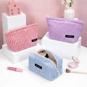 Corduroy Makeup Bag Cosmetic Organizer Stripe Textured Zipper Pouch Portable Travel Wash Bag For Women Soft Texture