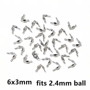6x3mm stainless steel bead tips for 2.4mm balls, silver fold-over crimp ends for DIY