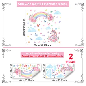 Detailed dimension drawing of pink rainbow unicorn wall stickers set