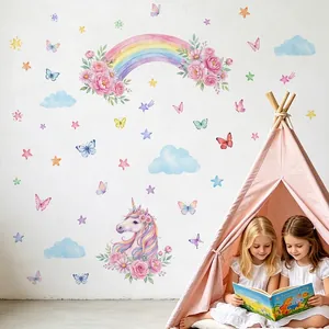 Watercolor pink unicorn and rainbow wall decals set for girls bedroom scene display