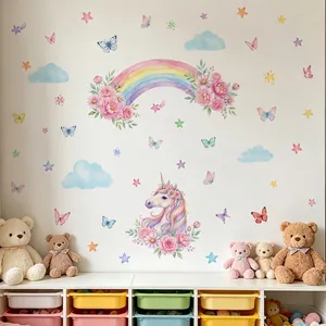 Dreamy watercolor pink rainbow and unicorn wall stickers for kids nursery room decor