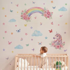Beautiful cartoon pink rainbow and unicorn wall decals for cozy kids nursery room decor