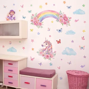 Cartoon Pink Rainbow Unicorn Wall Stickers For Kids Room Dreamy PVC Cloud Star Balloon Heart Wall Decals Nursery Bedroom Decorative Wall Mural