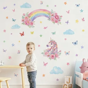Rainbow unicorn wall stickers applied in a child's bedroom setting