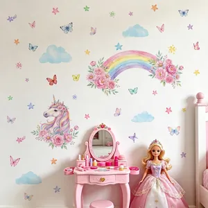 Whimsical watercolor rainbow and unicorn wall stickers set for kids' bedroom wall decor
