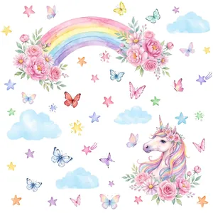 Watercolor pink unicorn and rainbow wall decals with stars and clouds for kids room decor
