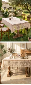 Elegant floral embossed lace tablecloth displayed in outdoor garden and indoor dining scenes.