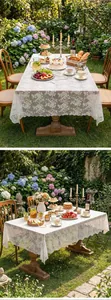 Close-up of an elegant white lace floral tablecloth in a lush garden tea setting