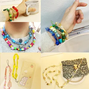 Collage showing colorful handmade beaded bracelets, phone straps, and bag accessories.