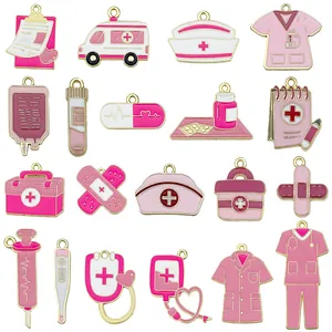 Pink medical themed enamel charms set including nurse hat and stethoscope