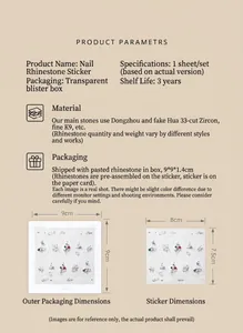 Vue détaillée des spécifications des autocollants strass 3D et tableau des tailles.