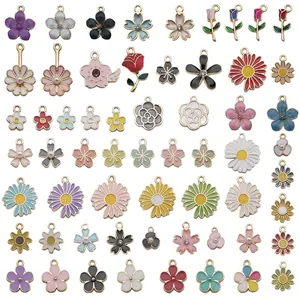 60 styles of colorful enamel flower charms for DIY jewelry making in a neat layout.