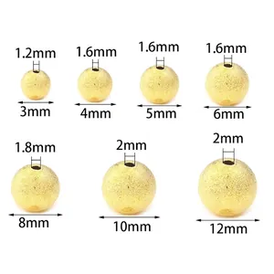 Detail view showing frosted gold copper spacer beads in various sizes from 3mm to 12mm with specs.