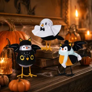 Décorations D'oiseaux D'Halloween Figurines D'oiseaux En Feutre Et Polyester Avec Cape Fantôme Ailes De Chauve Souris Écharpe Pour Fête Décoration Bureau Fenêtre