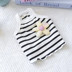 Comfortable black and white striped pet vest with decorative yellow flower for small dogs