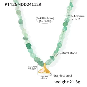 Detail view of green natural stone necklace with gold fishtail pendant and dimensions.