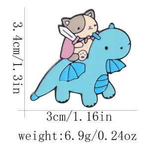 Cartoon cat riding blue dinosaur enamel pin showing exact size and weight details