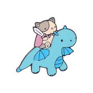 Cute cartoon cat knight riding a blue dragon enamel pin brooch jewelry for clothing