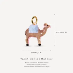 Detailed colorful enamel camel pendant charm in copper with size and weight specifications.